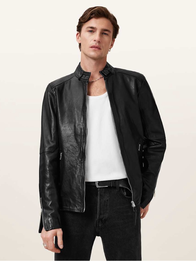 Allsaints Black Leather Slim Fit Bomber Jacket Cora Leather Jacket